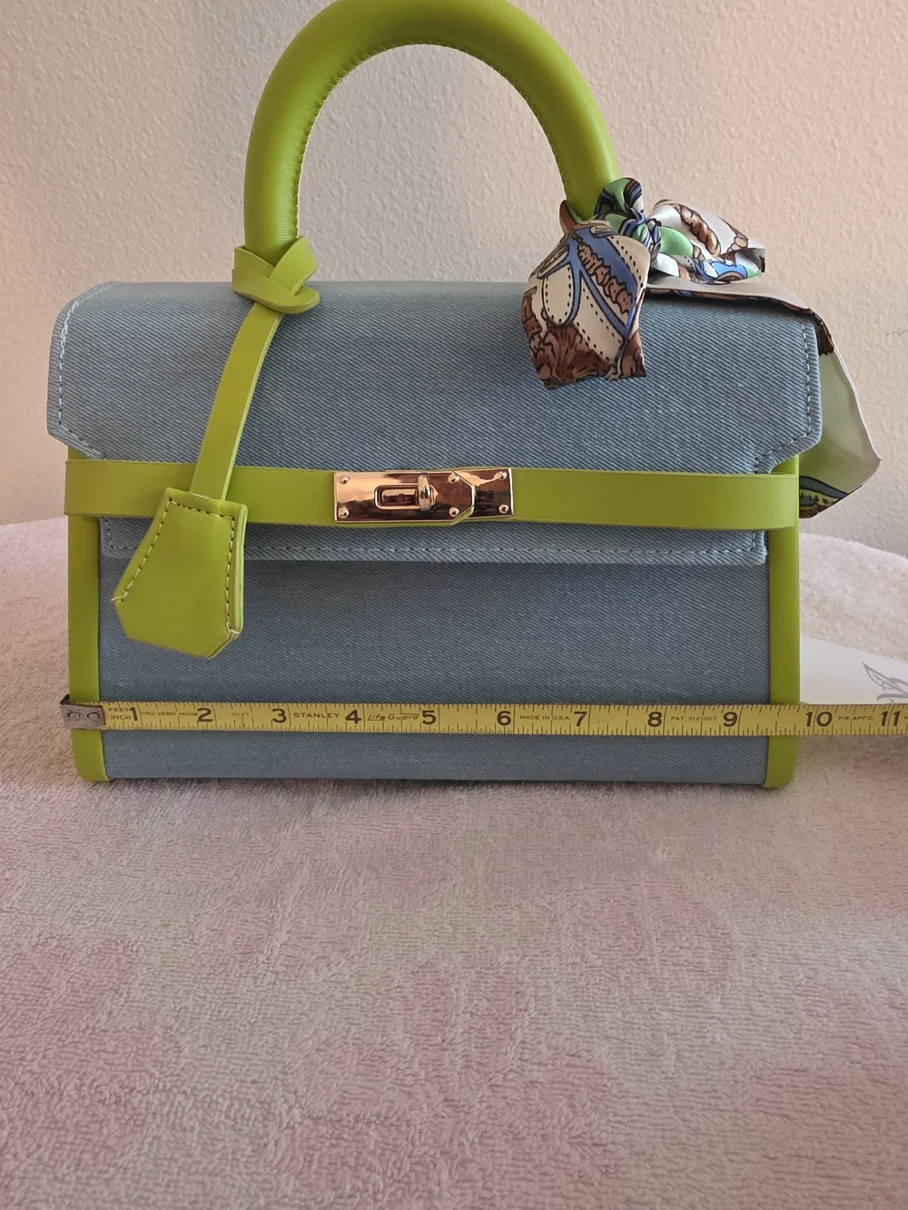 Denim and Lime Green Top-Handle Satchel